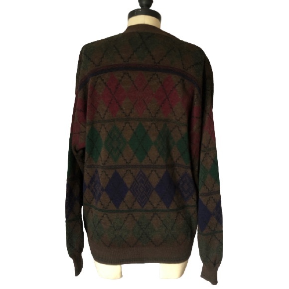 Italian Brown Argyle Wool Blend V-Neck Cardigan Grandpa Menswear Sweater - Picture 8 of 16